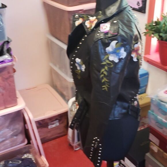 Leather Floral/accented Faux leather Moto Jacket sz L 8-10 XXL 14-16 - Picture 8 of 16